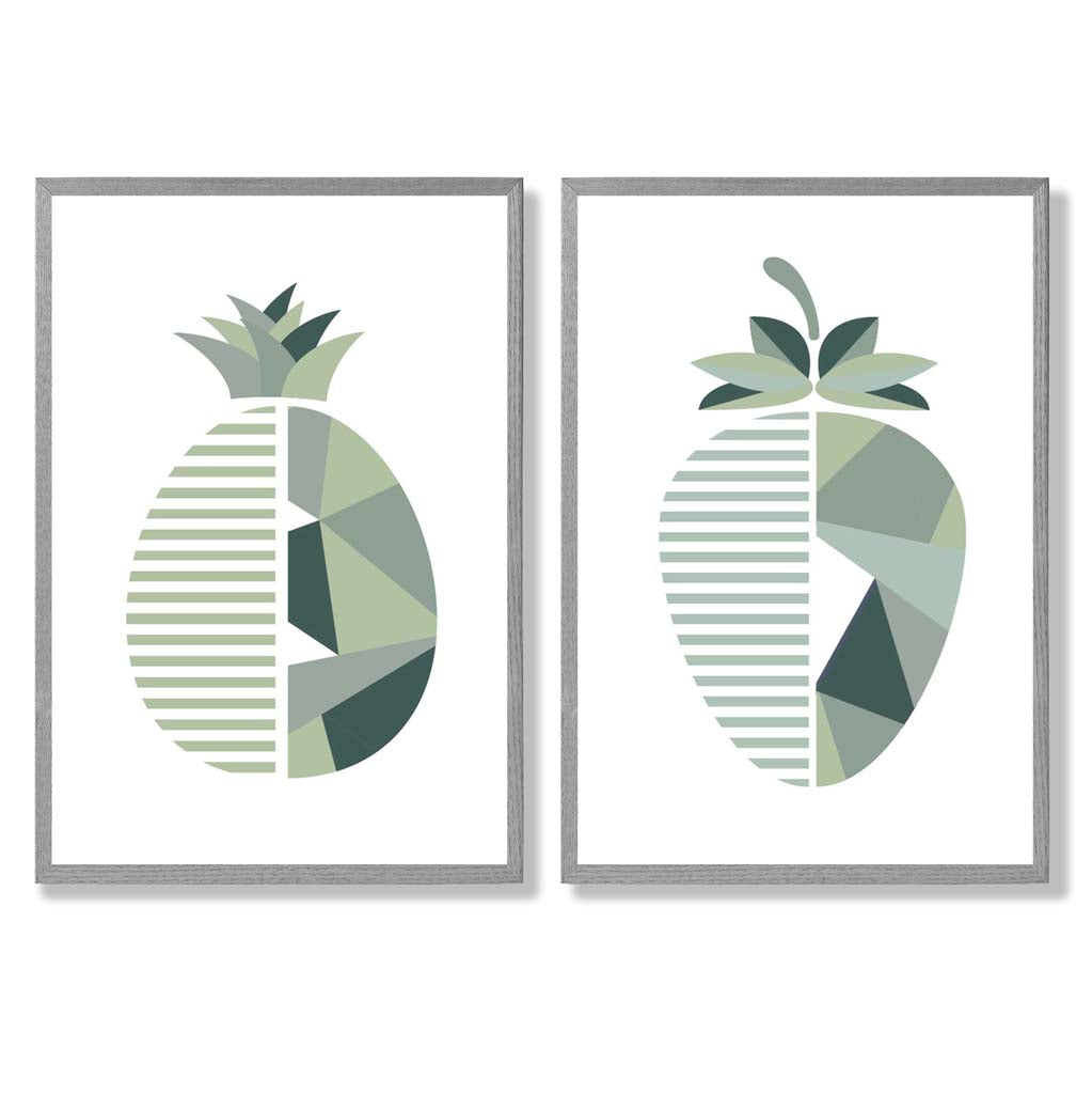 Sage Green Geometric Pineapple Fruit Set of 2 Art Prints with Light Grey Frame