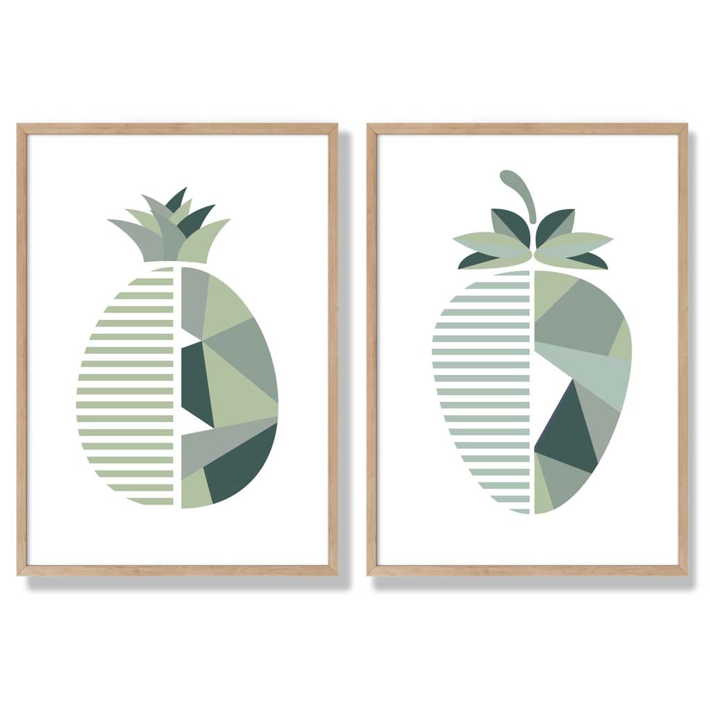 Sage Green Geometric Pineapple Fruit Set of 2 Art Prints with Oak Frame
