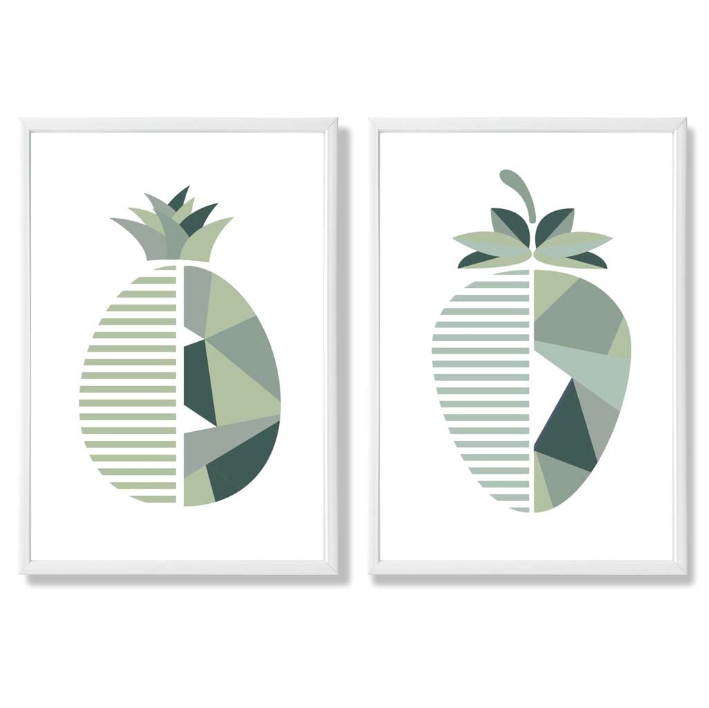 Sage Green Geometric Pineapple Fruit Set of 2 Art Prints with White Frame