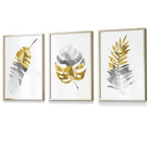 Set of 3 Geometric Yellow Grey Tropical Leaves Wall Art Framed / Prints | Artze Wall Art UK