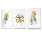 Set of 3 Geometric Yellow Grey Tropical Leaves Wall Art Framed / Prints | Artze Wall Art UK
