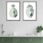Set of 2 Sage Green Geometric Pineapple and Strawberry Fruit Prints | Artze Wall Art UK