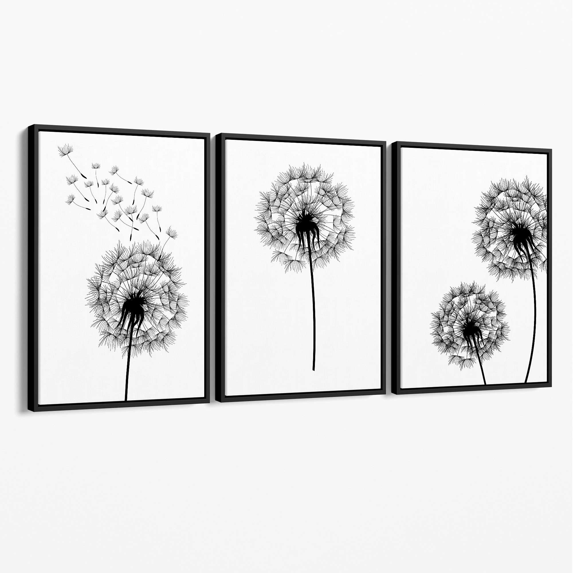 DANDELIONS Set of 3 Sketch Canvas Art Prints with Black Float Frame