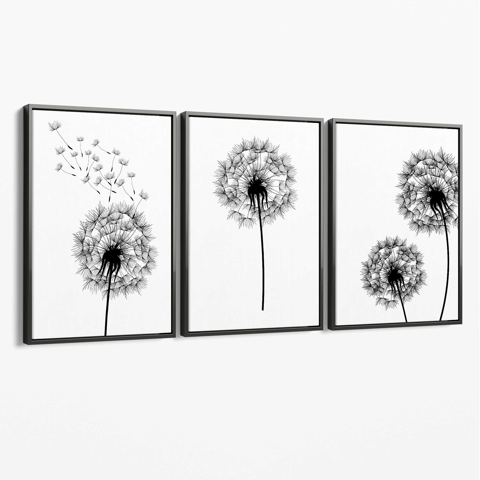 DANDELIONS Set of 3 Sketch Canvas Art Prints with Grey Float Frame