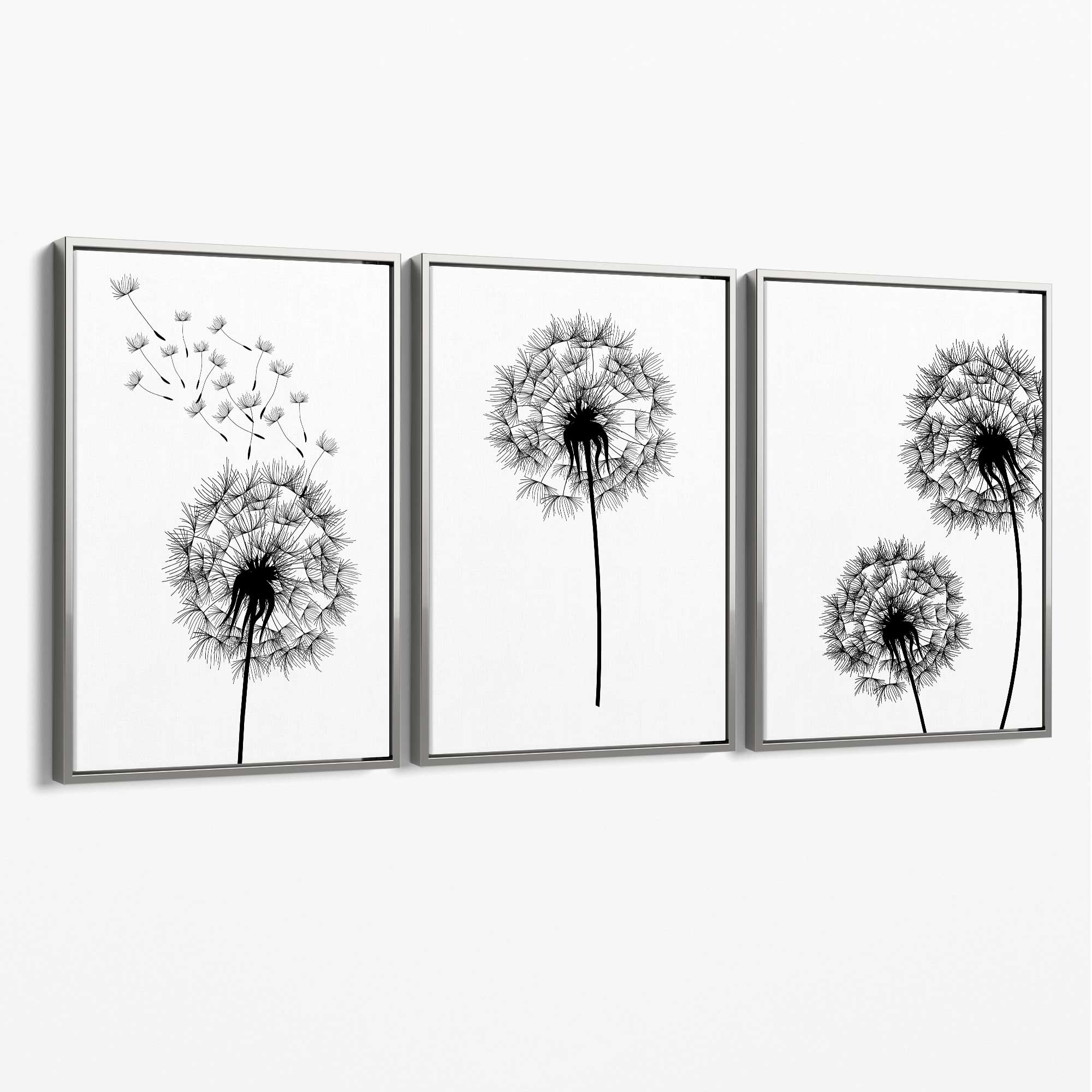 DANDELIONS Set of 3 Sketch Canvas Art Prints with Silver Float Frame