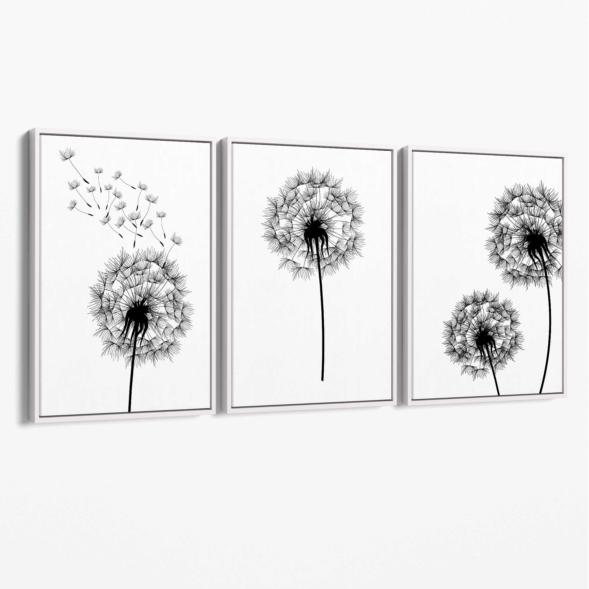 DANDELIONS Set of 3 Sketch Canvas Art Prints with White Float Frame