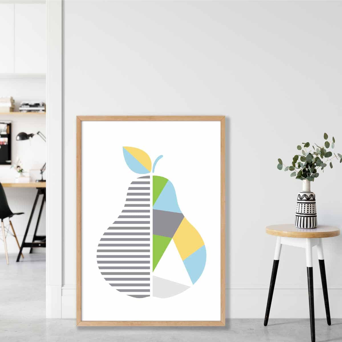 Geometric Fruit Poster of Pear in Yellow Blue Green