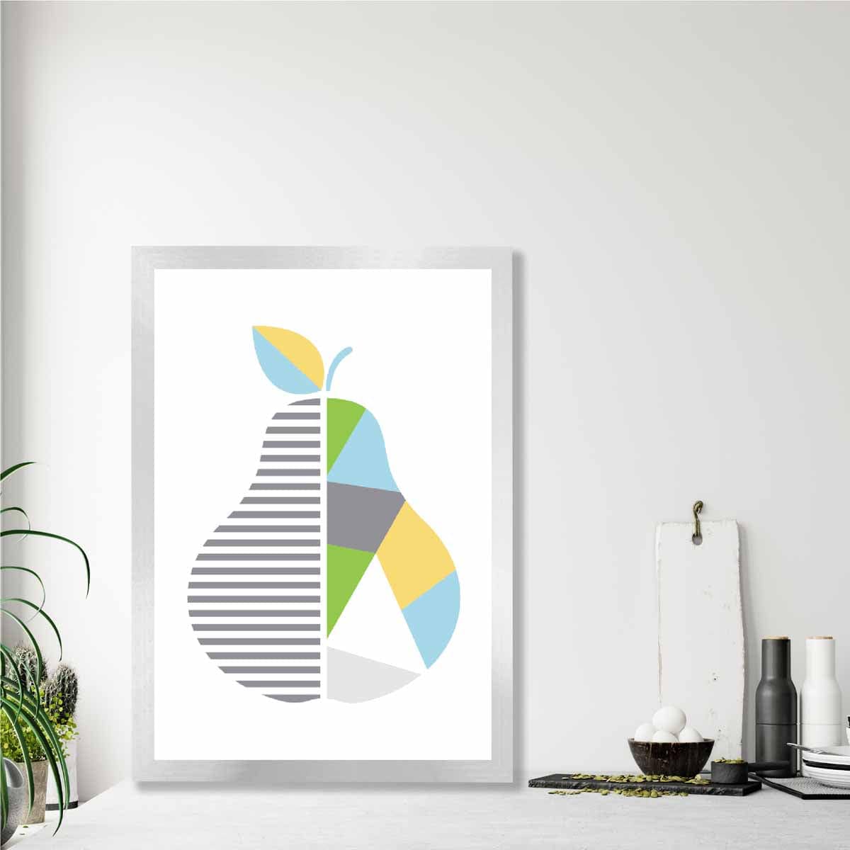 Geometric Fruit Poster of Pear in Yellow Blue Green