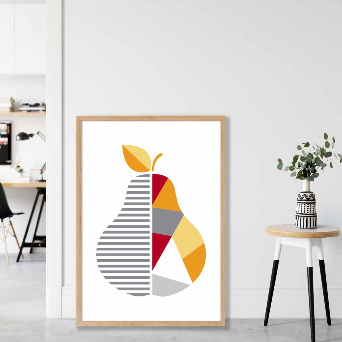 Geometric Fruit Poster of Pear in Red Yellow Orange