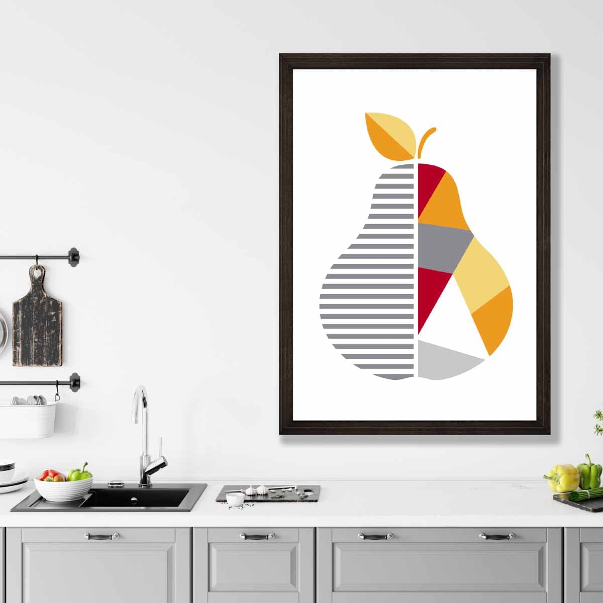 Geometric Fruit Poster of Pear in Red Yellow Orange