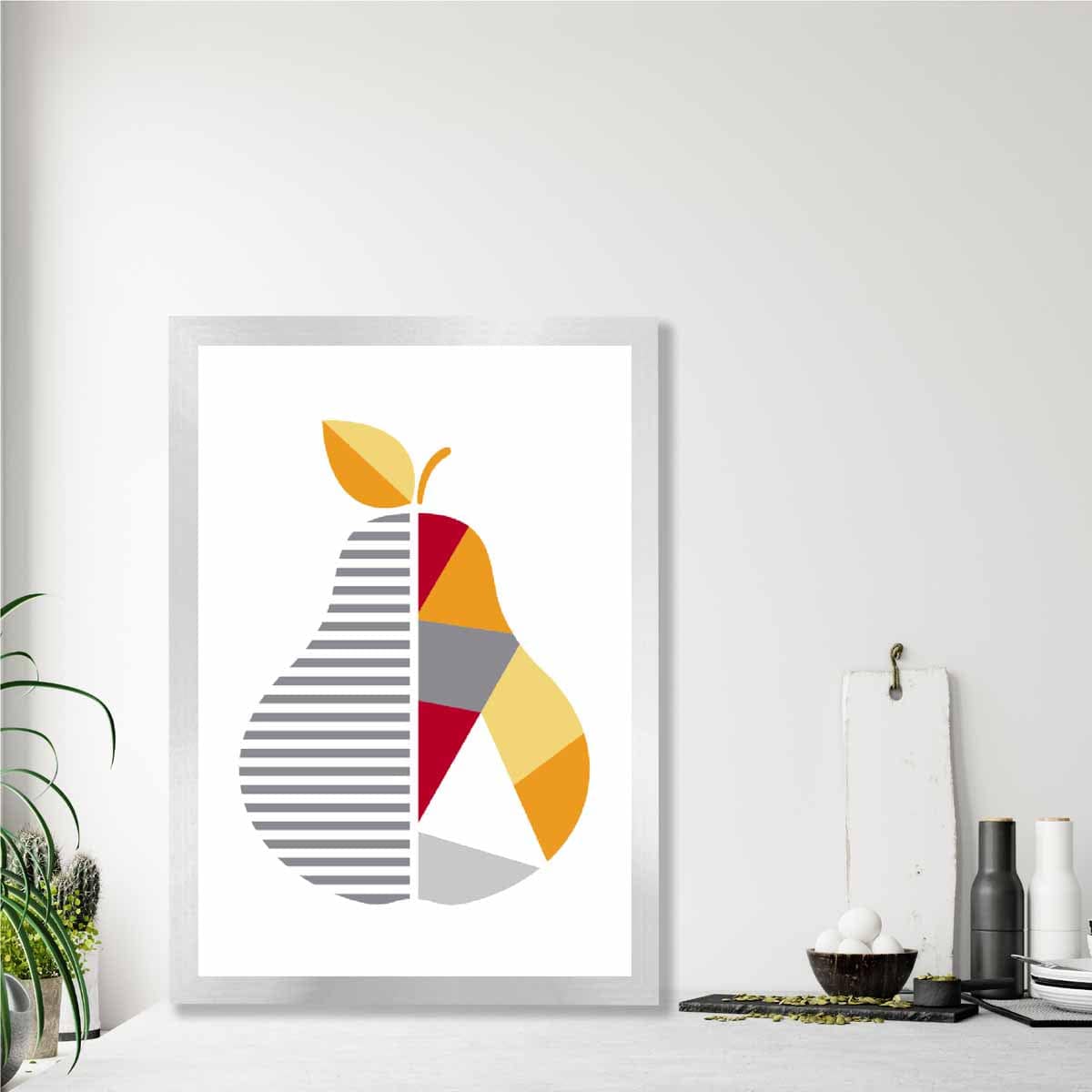Geometric Fruit Poster of Pear in Red Yellow Orange