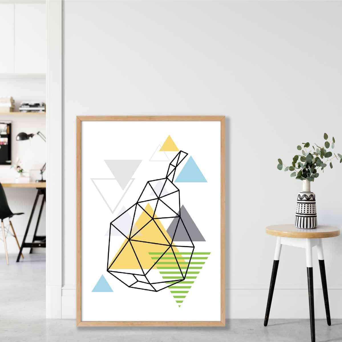 Geometric Fruit Line Art Poster of Pear in Yellow Blue Green