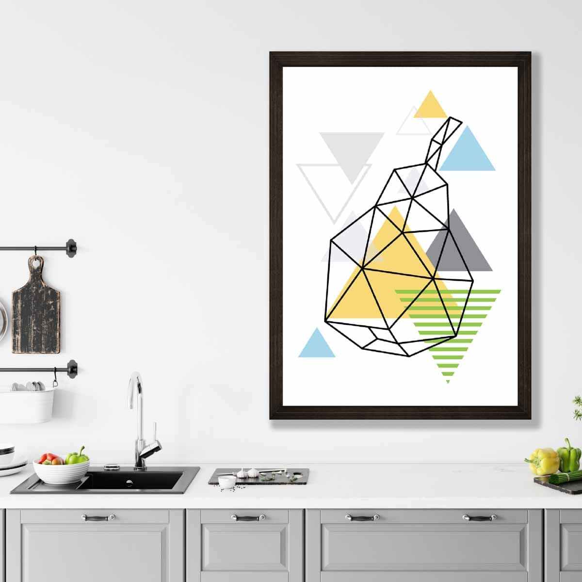 Geometric Fruit Line Art Poster of Pear in Yellow Blue Green