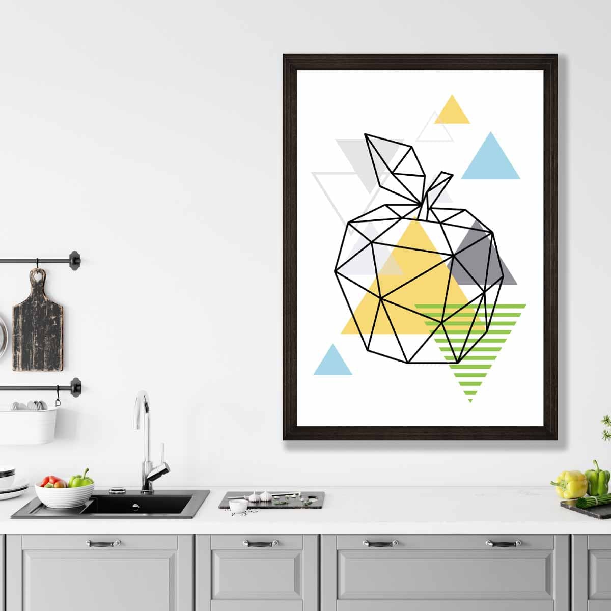 Geometric Fruit Line Art Poster of Apple in Yellow Blue Green