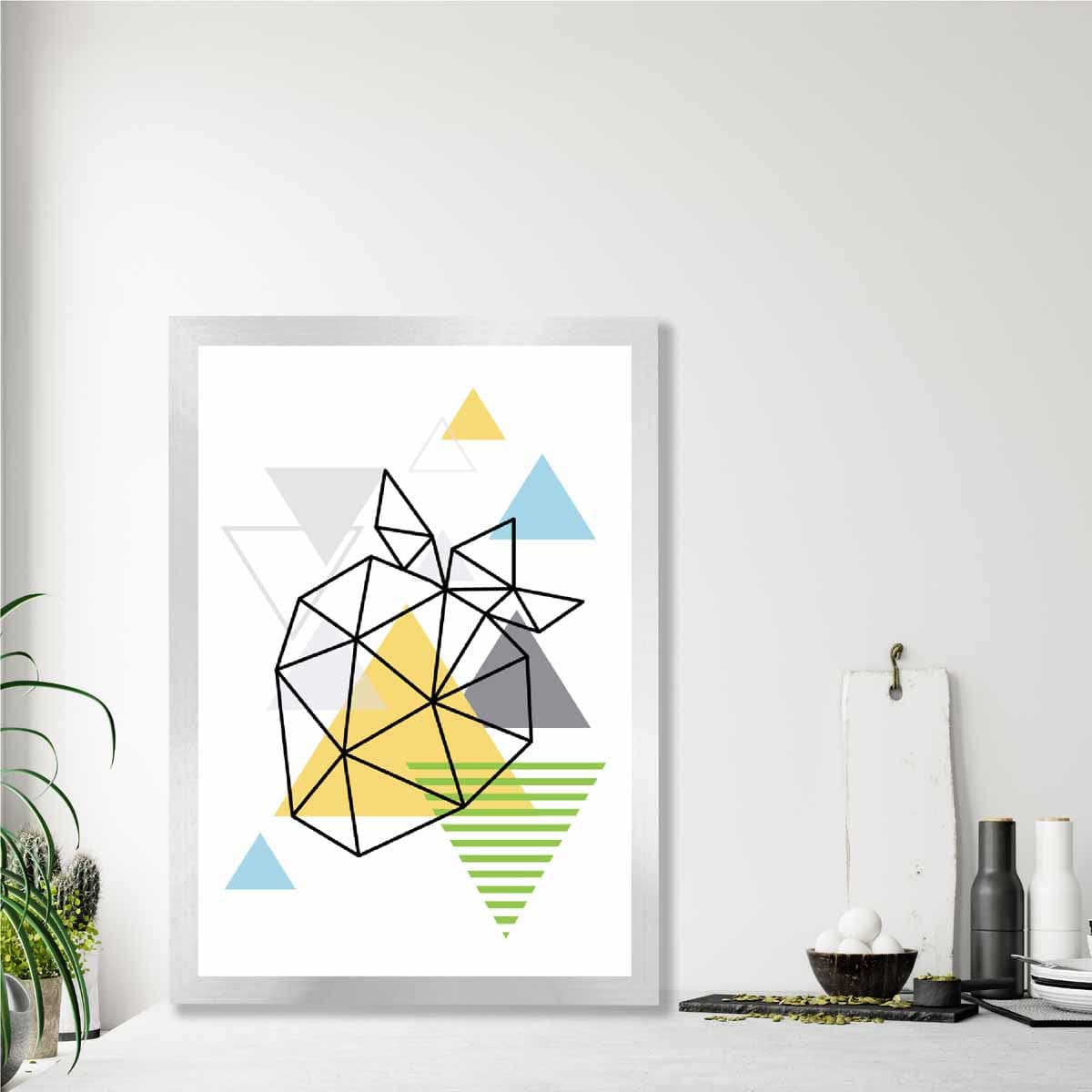 Geometric Fruit Line art Poster of Strawberry in Yellow Blue Green