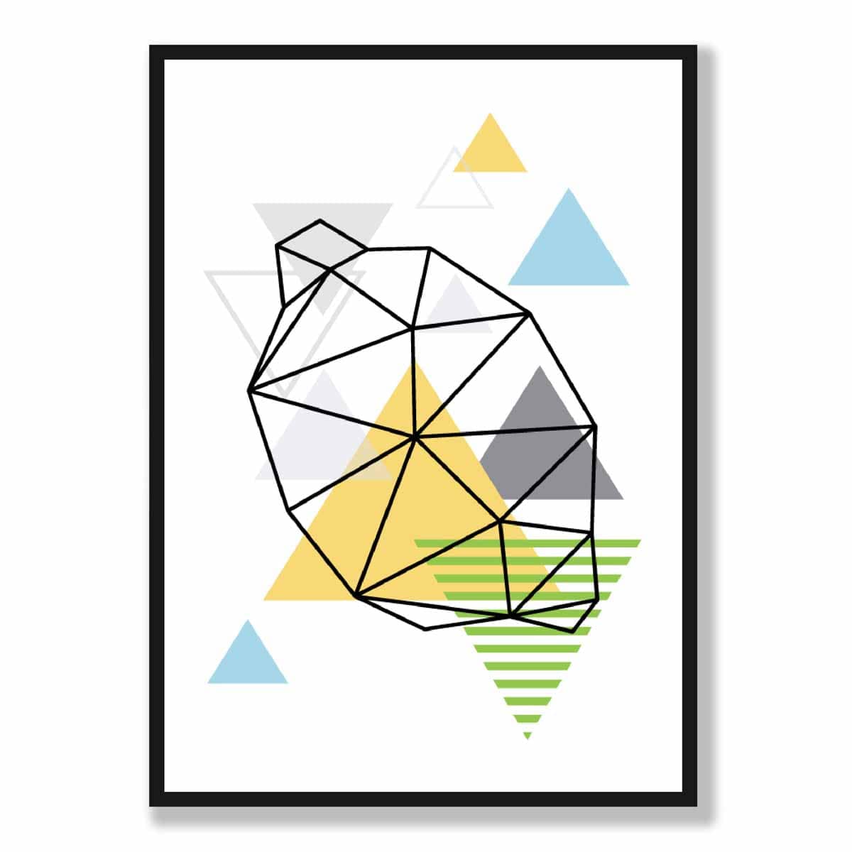 Geometric Fruit Line art Poster of Lemon in Yellow Blue Green