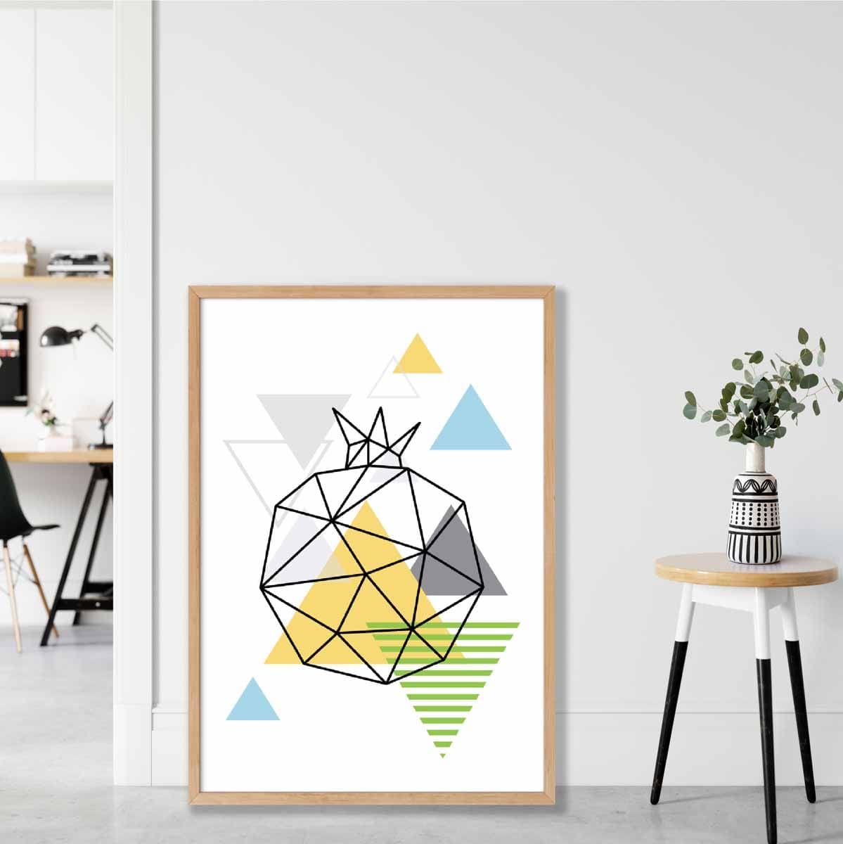 Geometric Fruit Line art Poster of Pomegranate in Yellow Blue Green