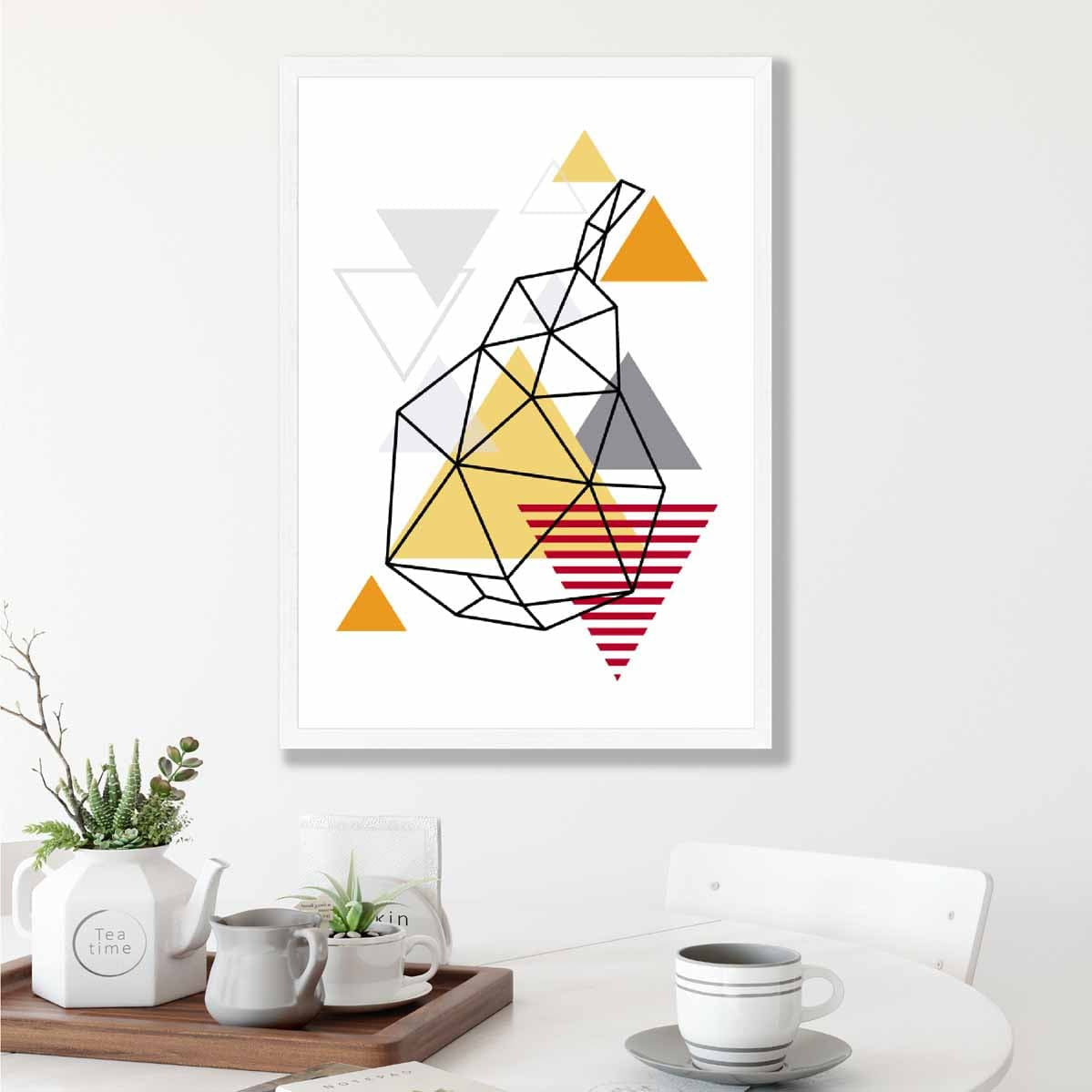 Geometric Fruit Line art Poster of Pear in Orange Red Yellow