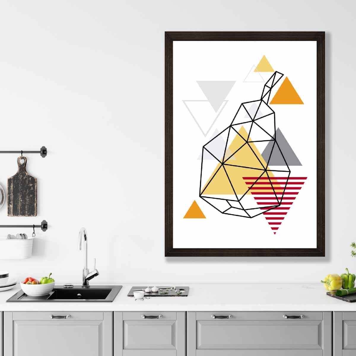 Geometric Fruit Line art Poster of Pear in Orange Red Yellow