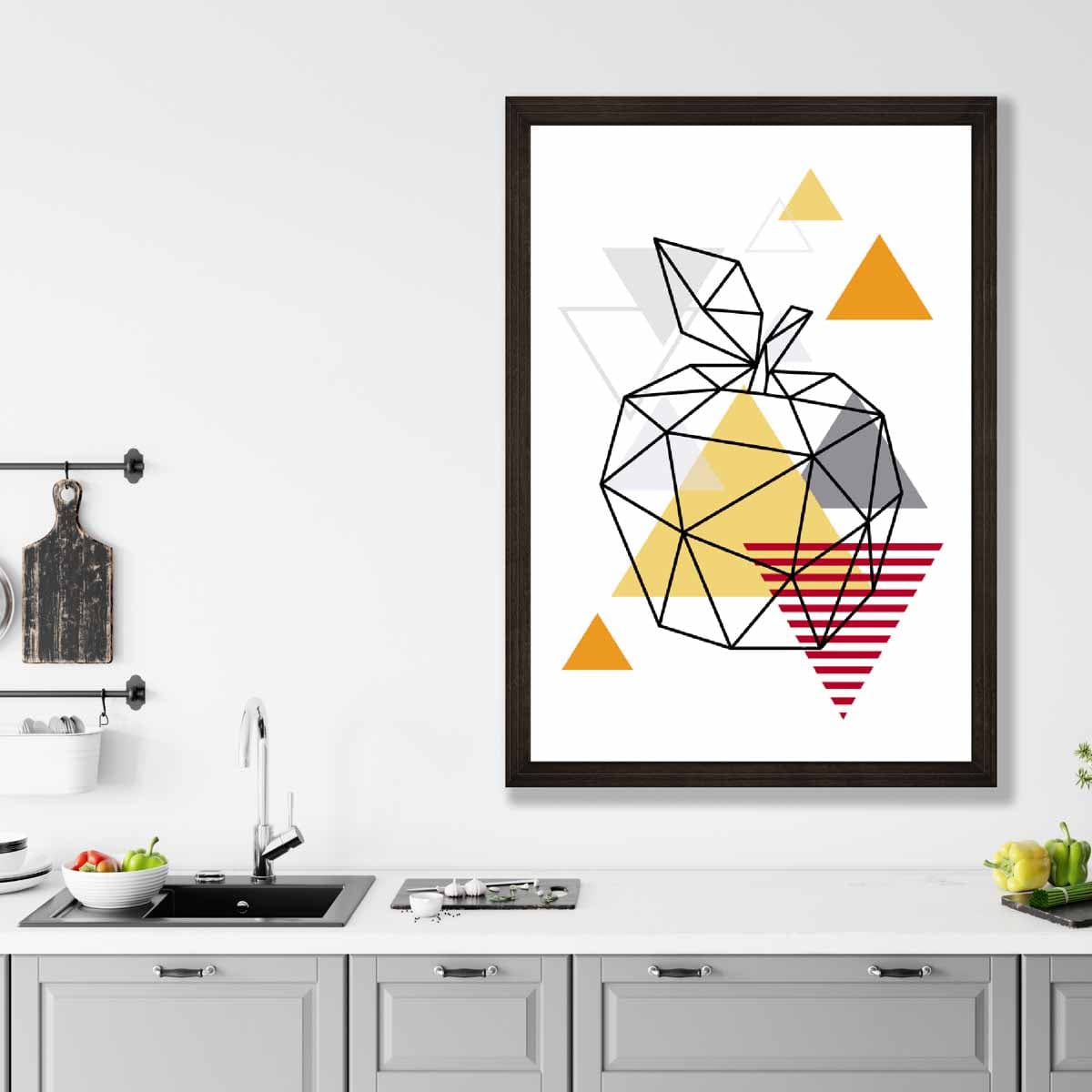 Geometric Fruit Line art Poster of Apple in Orange Red Yellow