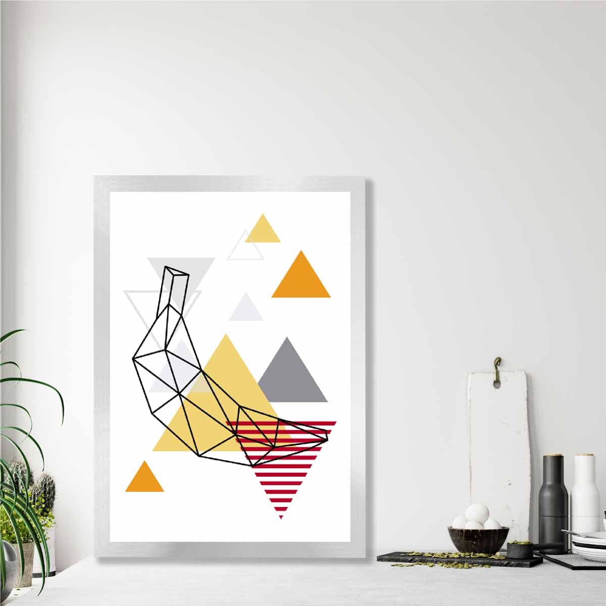 Geometric Fruit Line art Poster of Banana in Orange Red Yellow