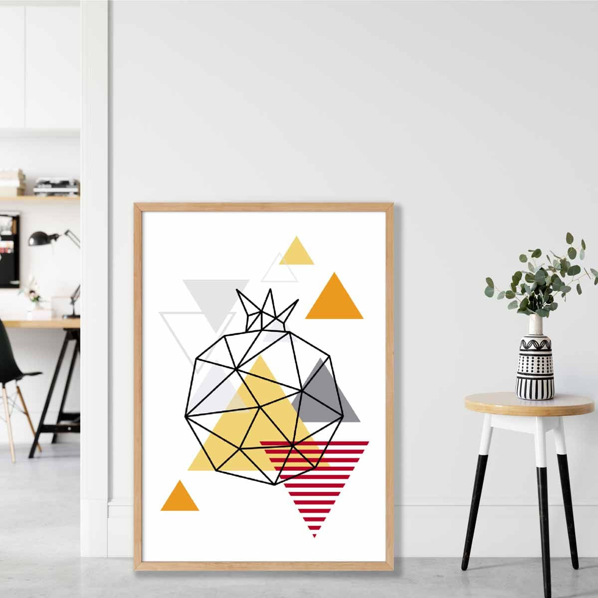 Geometric Fruit Line art Poster of Pomegranate in Orange Red Yellow
