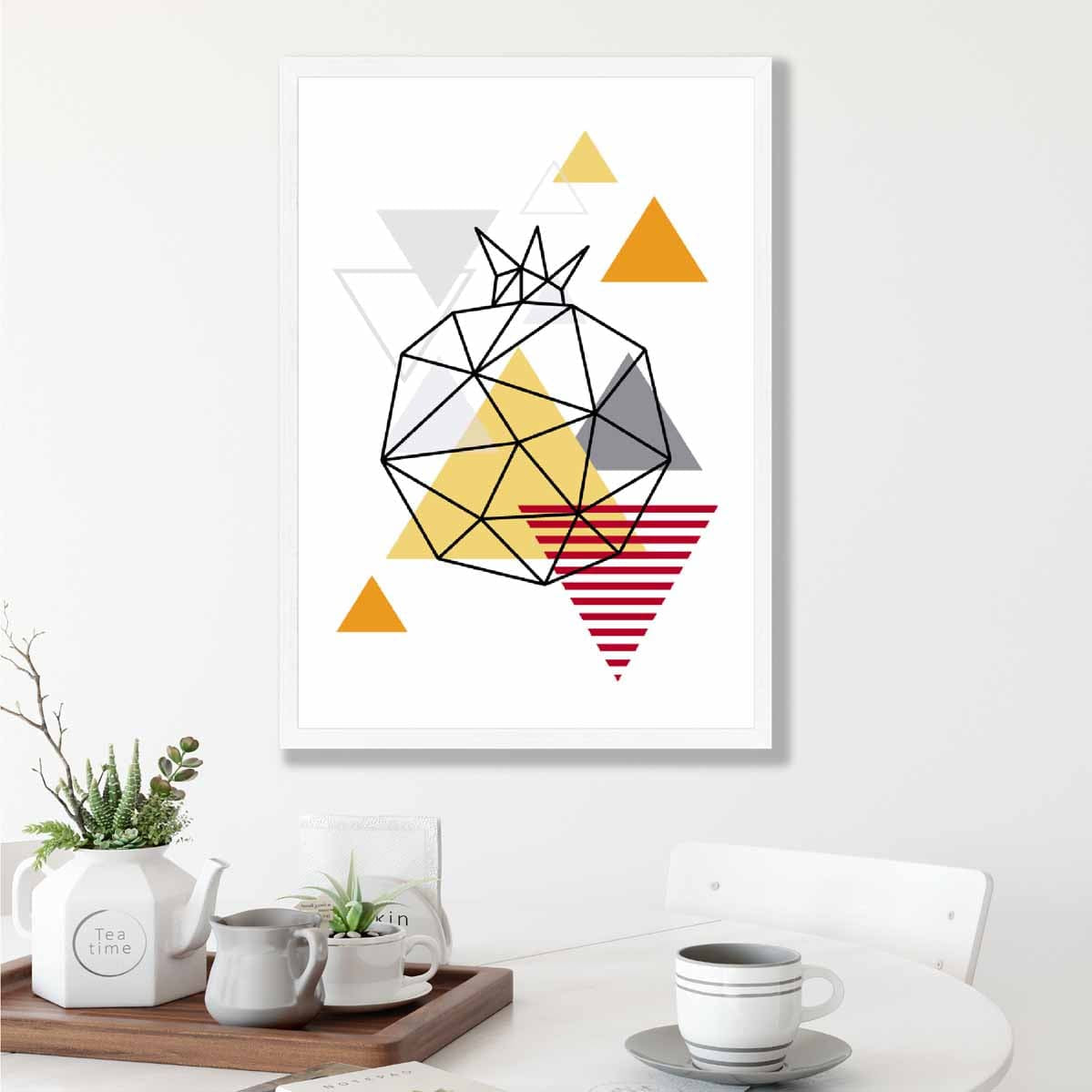 Geometric Fruit Line art Poster of Pomegranate in Orange Red Yellow