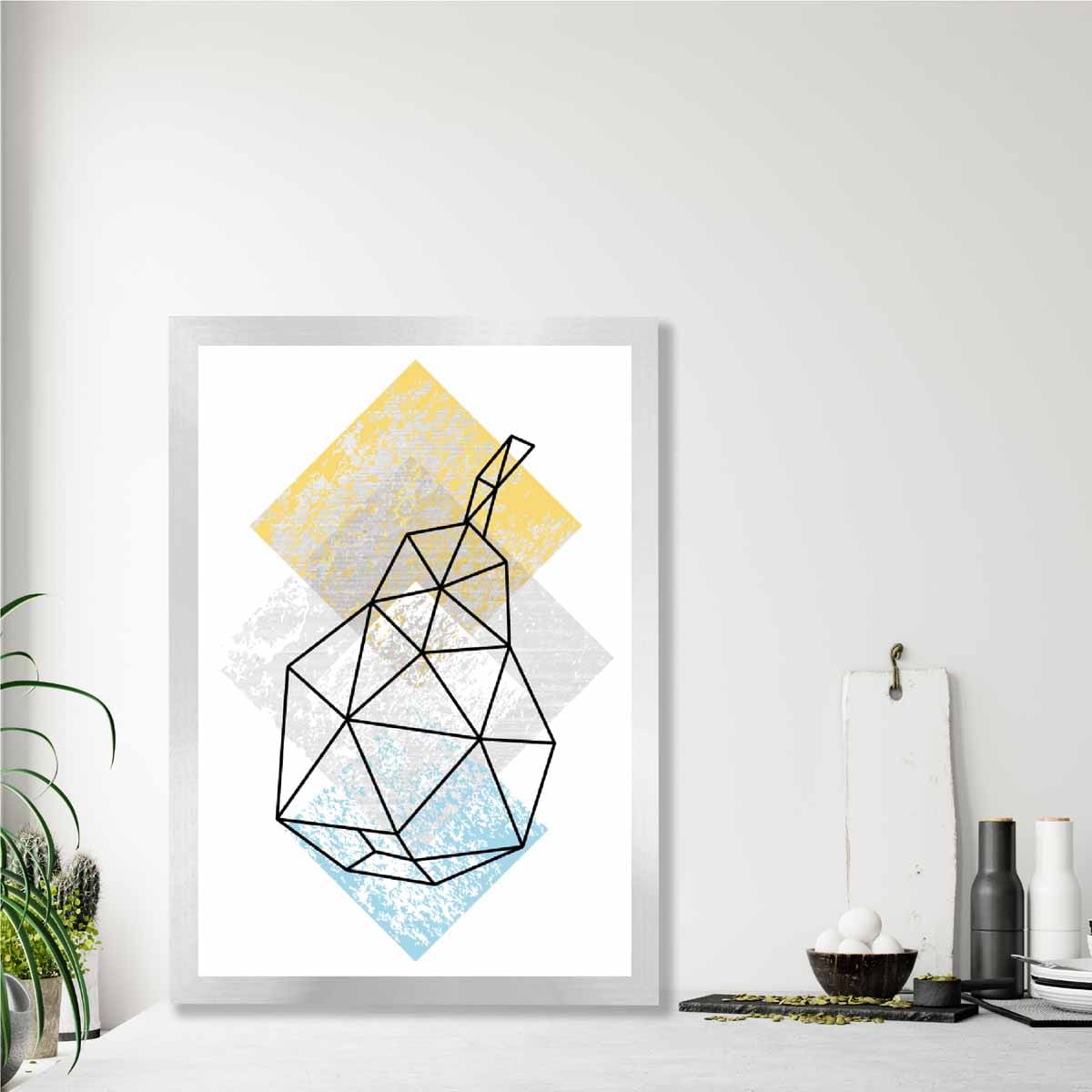 Geometric Fruit Line art Poster of Pear Yellow Grey Blue