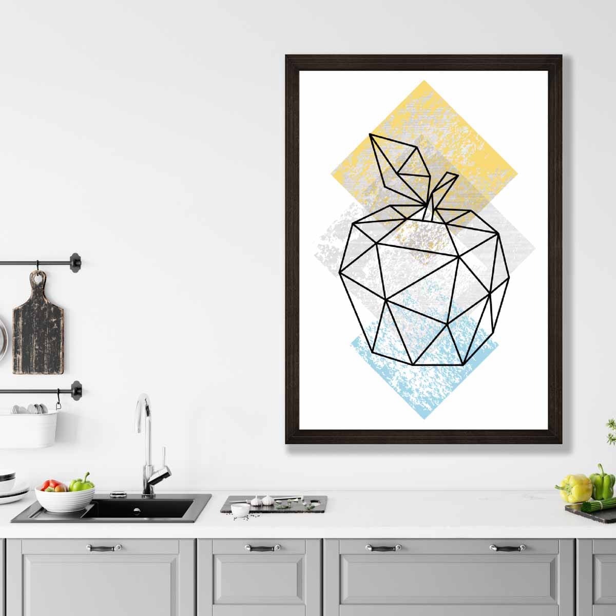 Geometric Fruit Line art Poster of Apple Yellow Grey Blue