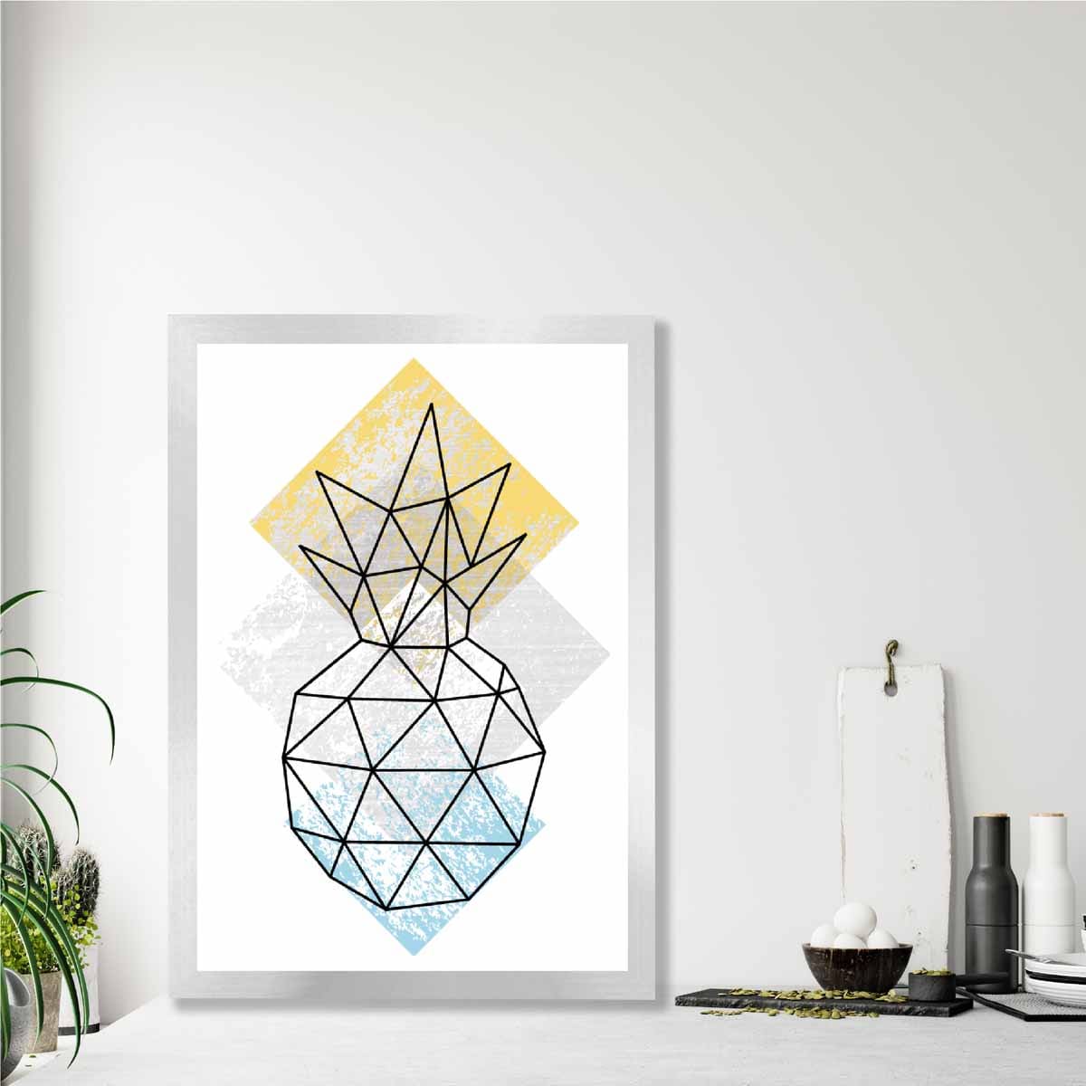 Geometric Fruit Line Art Poster of Pineapple Yellow Grey Blue