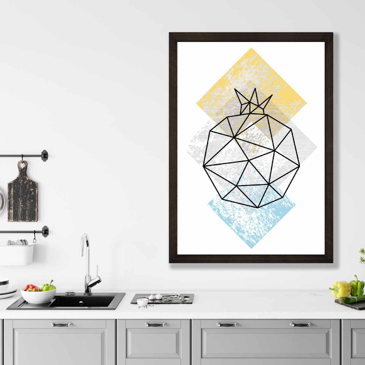 Geometric Fruit Line art Poster of Pomegranate Textured Yellow Grey Blue