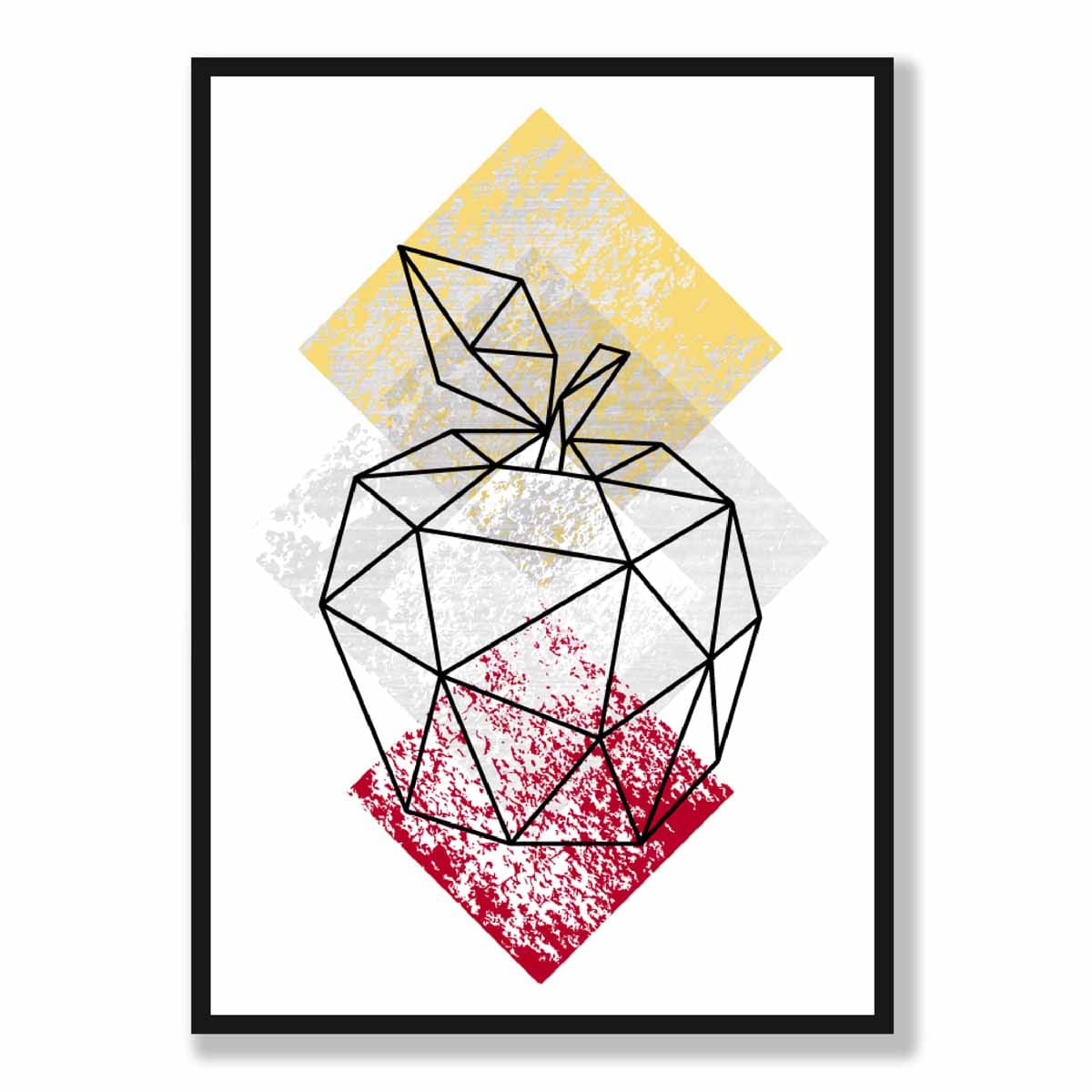 Geometric Fruit Line art Poster of Apple Textured Yellow Grey Red