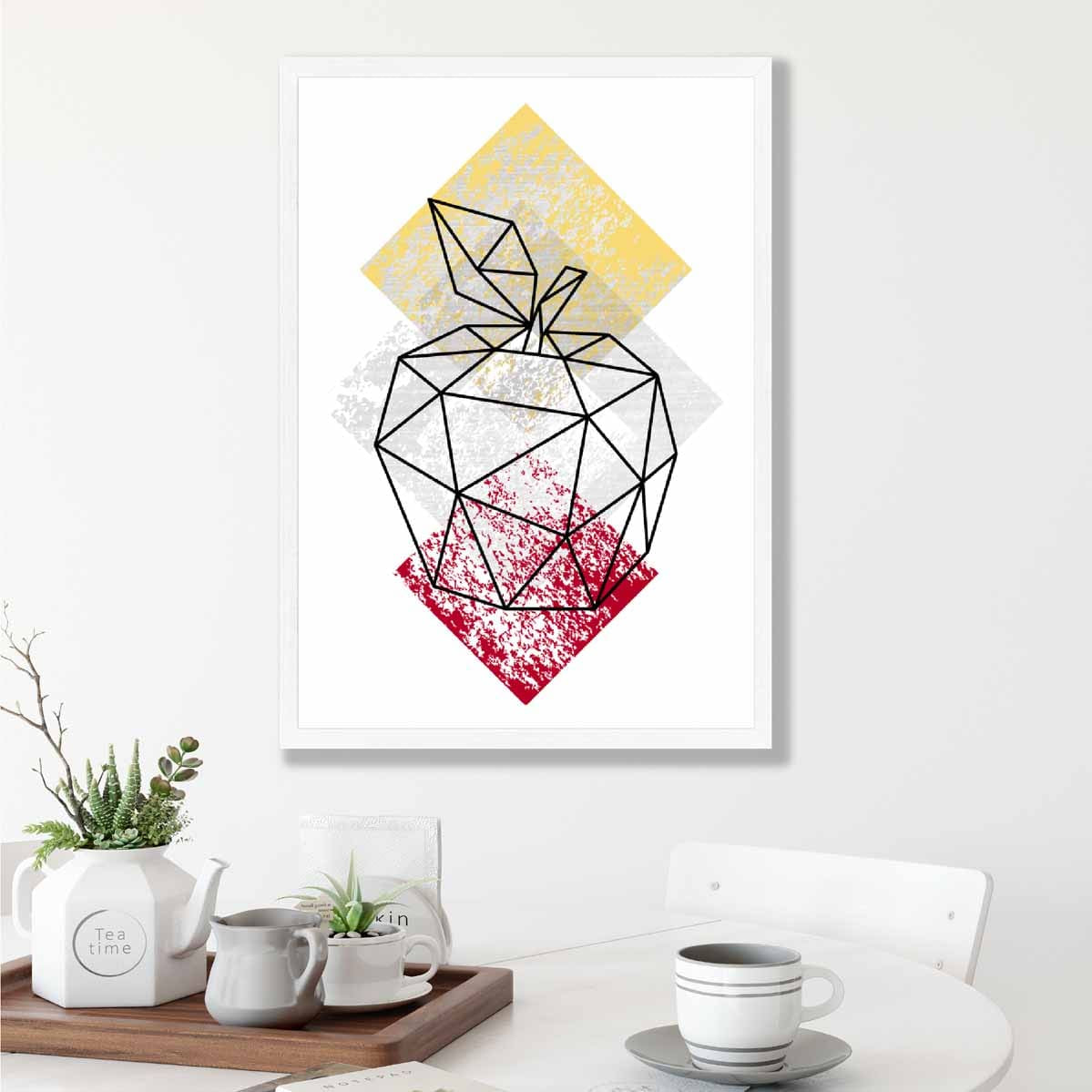 Geometric Fruit Line art Poster of Apple Textured Yellow Grey Red