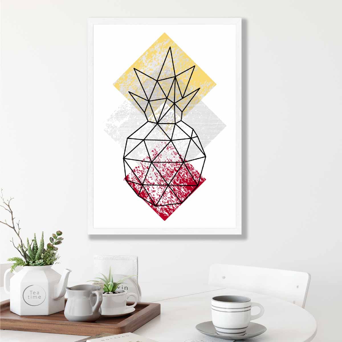 Geometric Fruit Line art Poster of Pineapple Textured Yellow Grey Red