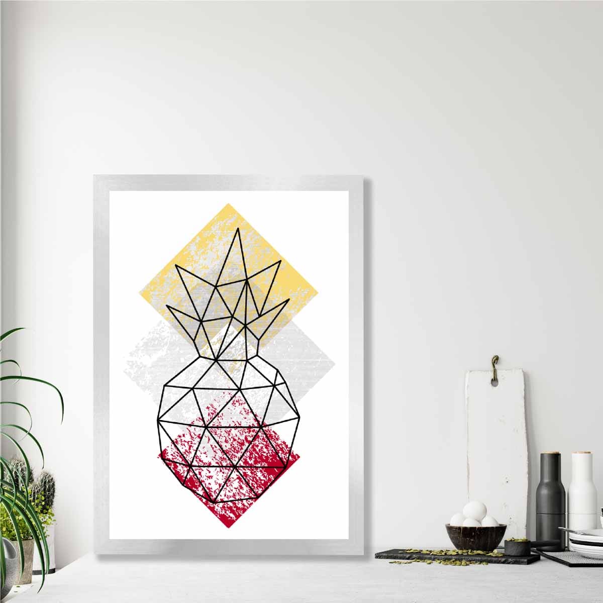 Geometric Fruit Line art Poster of Pineapple Textured Yellow Grey Red