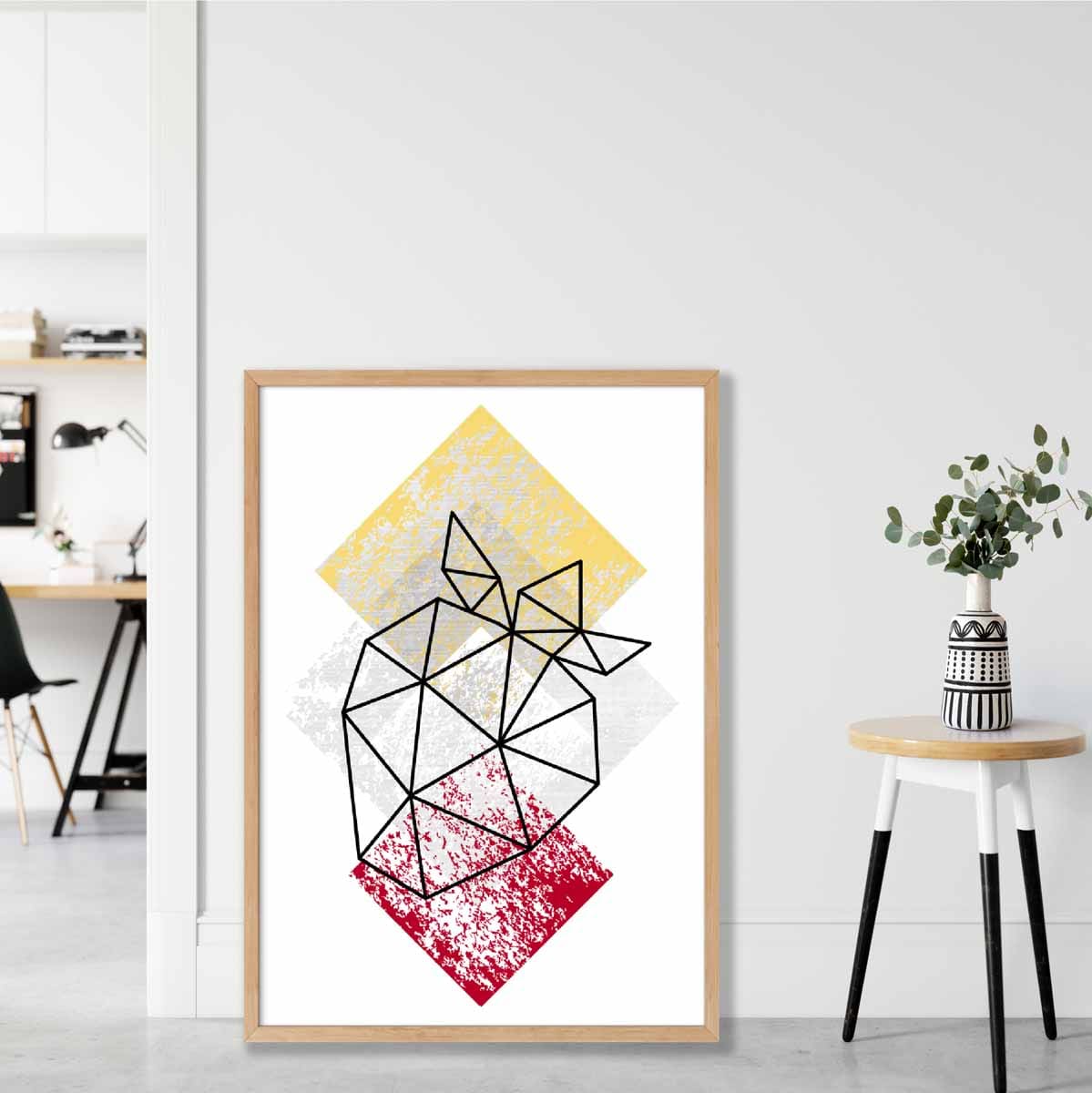 Geometric Fruit Line art Poster of Strawberry Textured Yellow Grey Red