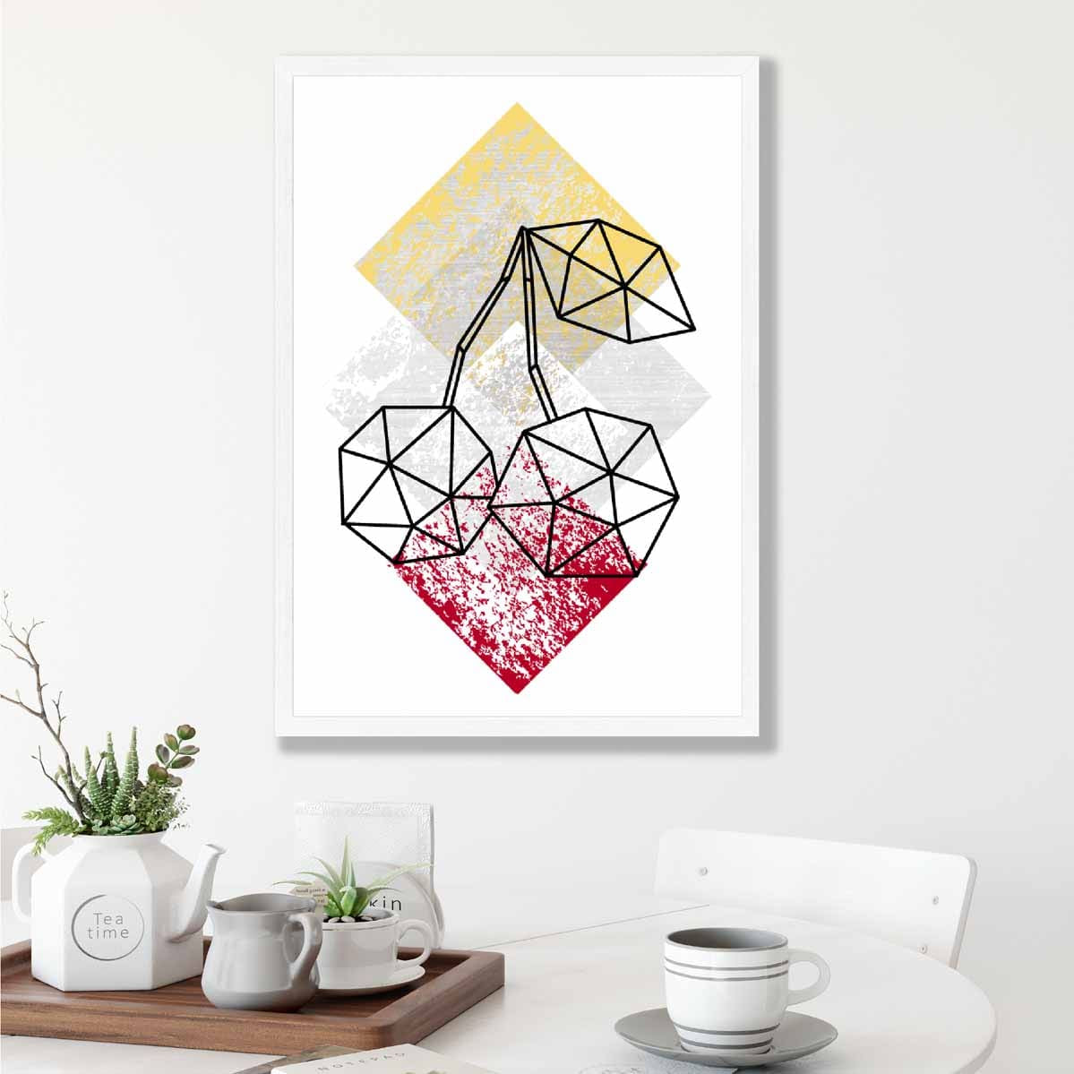 Geometric Fruit Line art Poster of Cherries Textured Yellow Grey Red