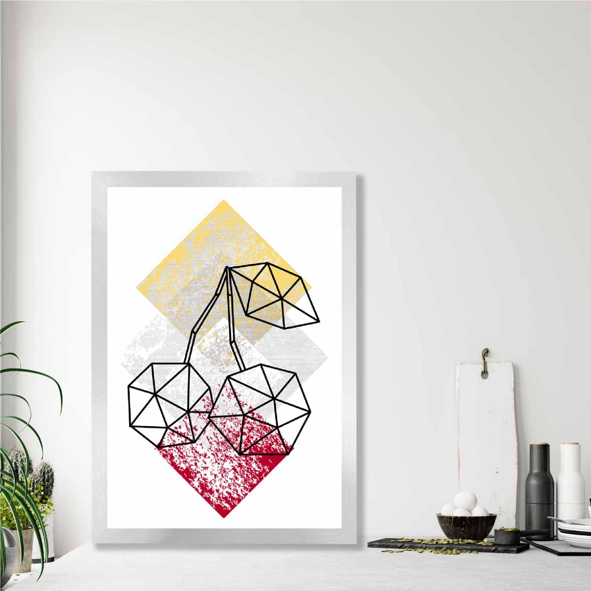 Geometric Fruit Line art Poster of Cherries Textured Yellow Grey Red