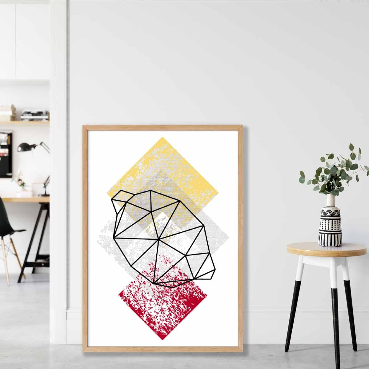 Geometric Fruit Line art Poster of Lemon Textured Yellow Grey Red