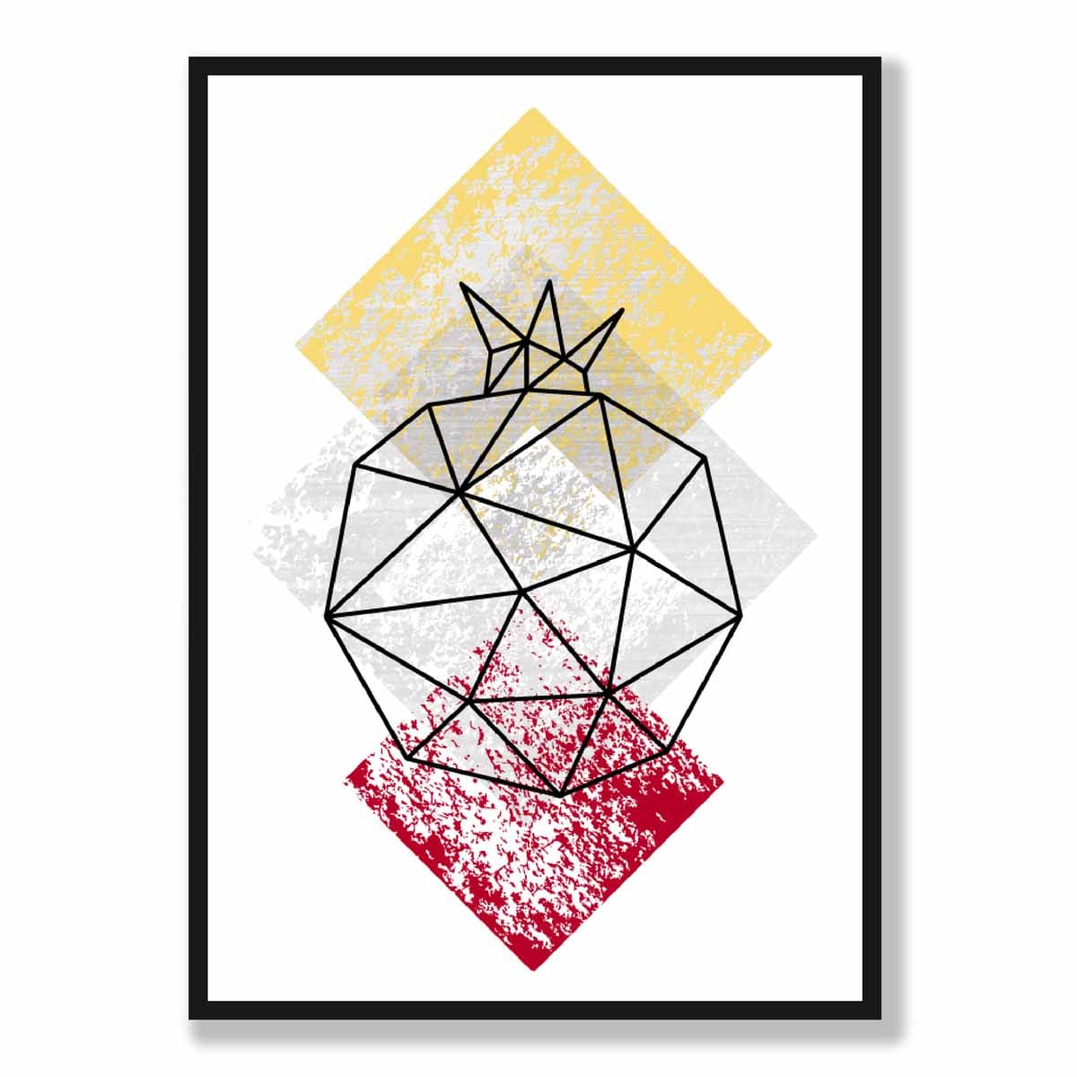 Geometric Fruit Line art Poster of Pomegranate Textured Yellow Grey Red