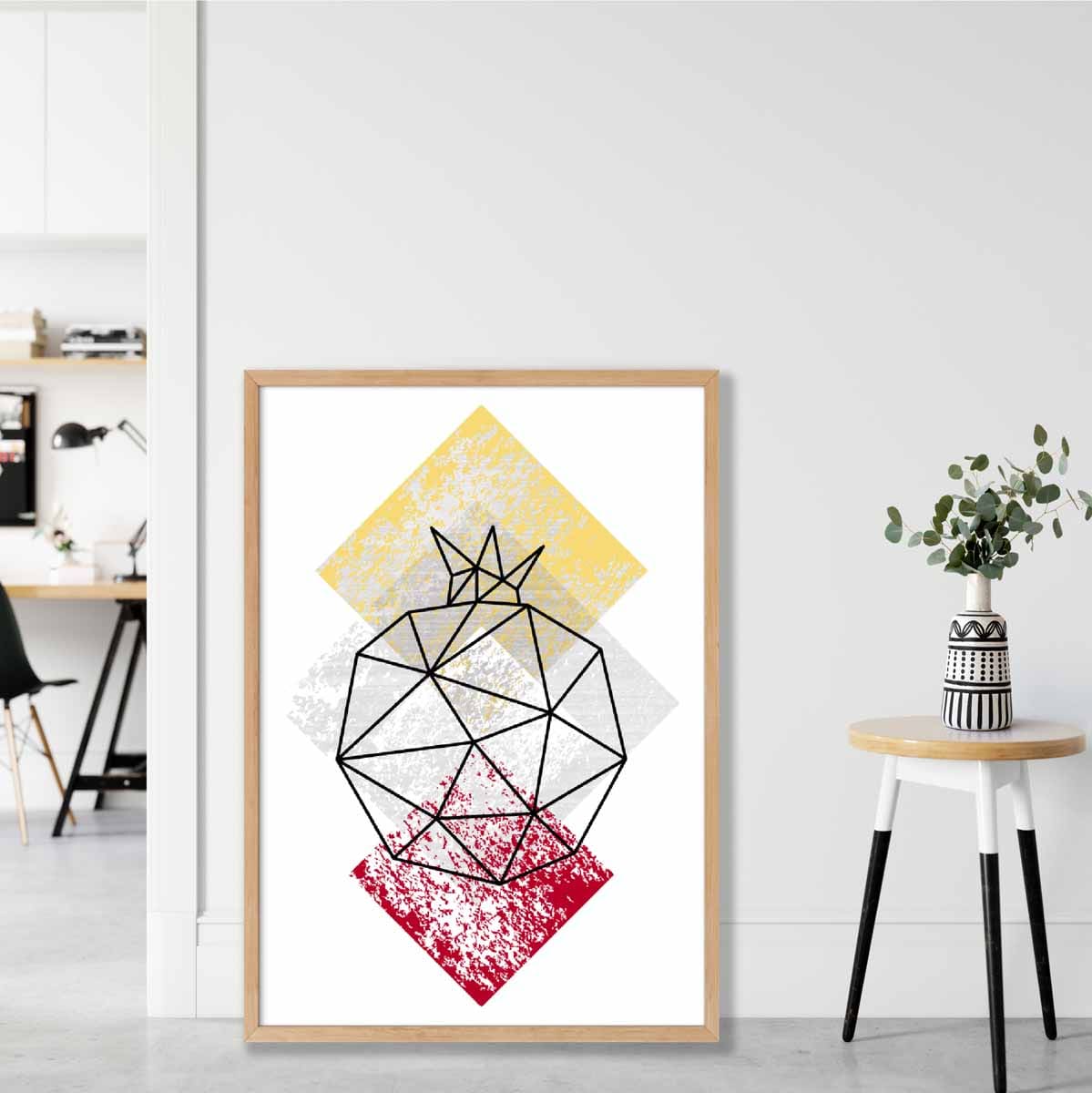 Geometric Fruit Line art Poster of Pomegranate Textured Yellow Grey Red