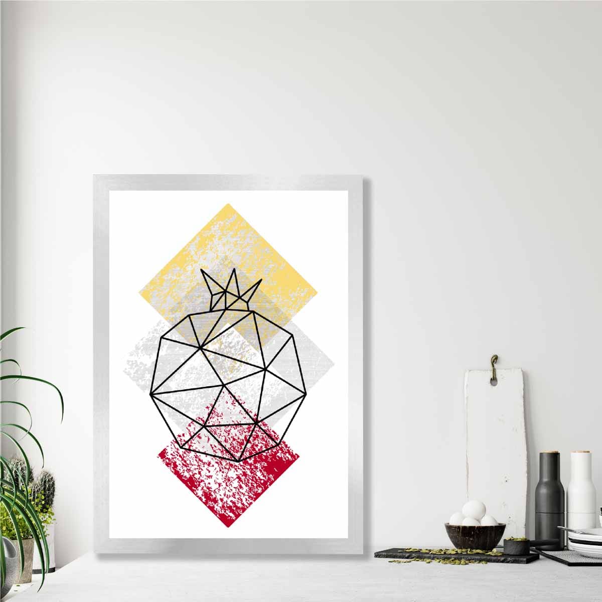 Geometric Fruit Line art Poster of Pomegranate Textured Yellow Grey Red