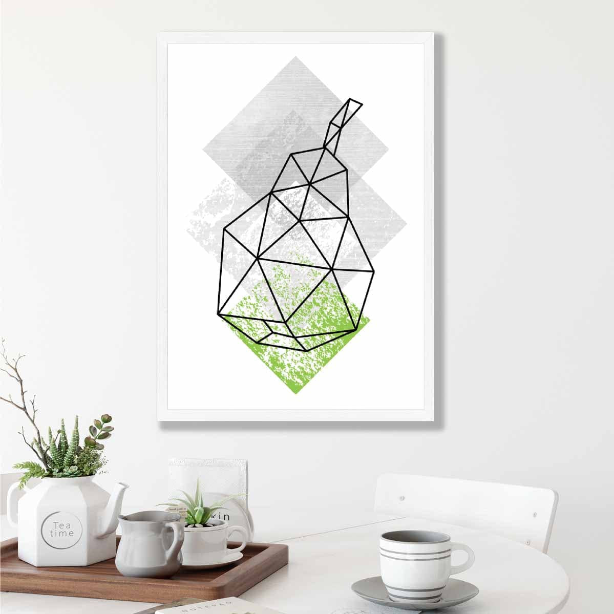 Geometric Fruit Line art Poster of Pear Textured Green Grey
