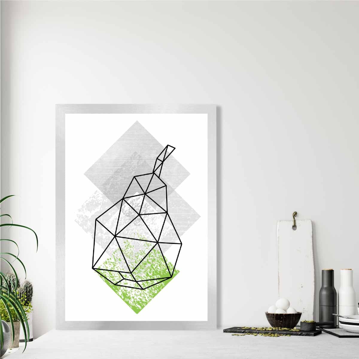 Geometric Fruit Line art Poster of Pear Textured Green Grey