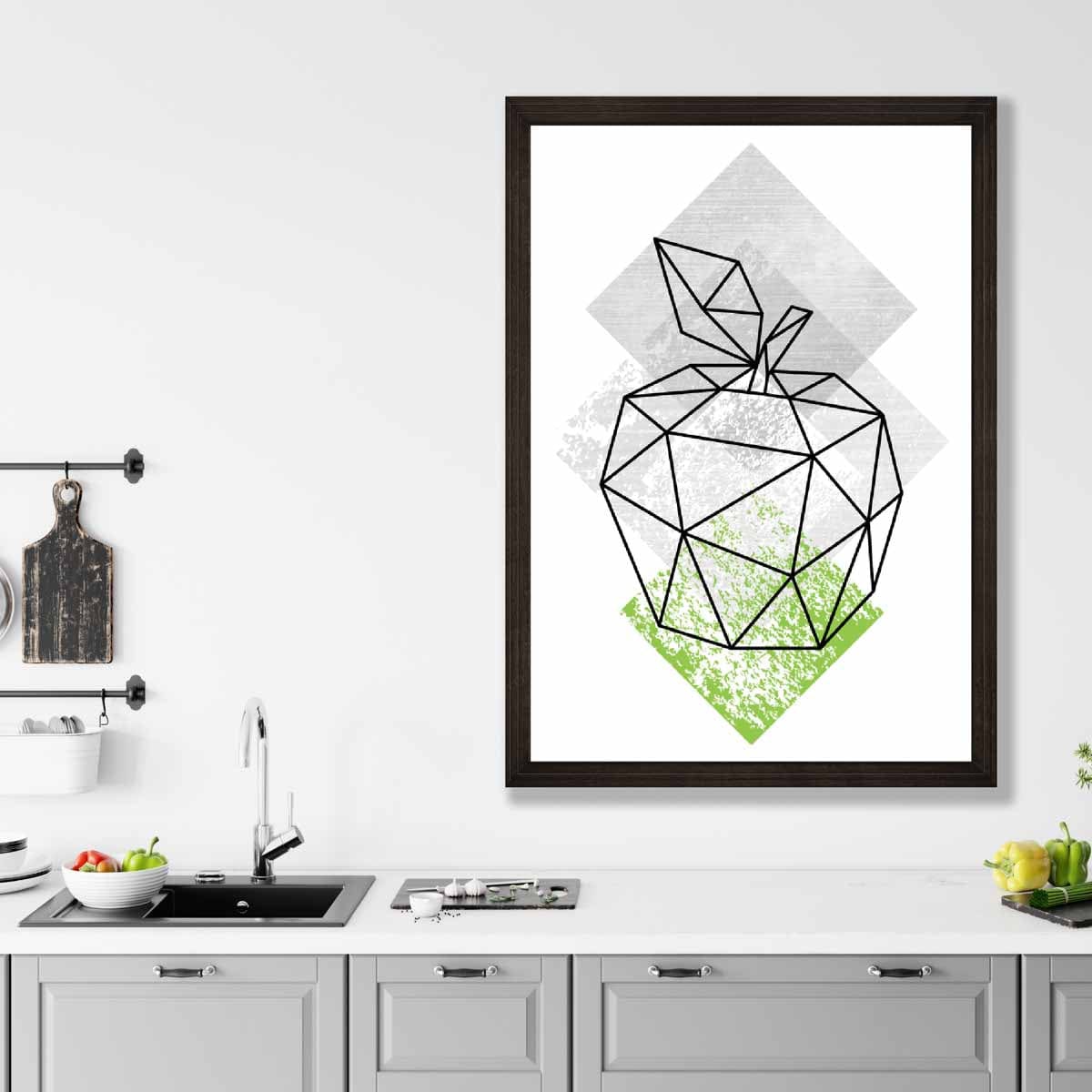Geometric Fruit Line art Poster of Apple Textured Green Grey