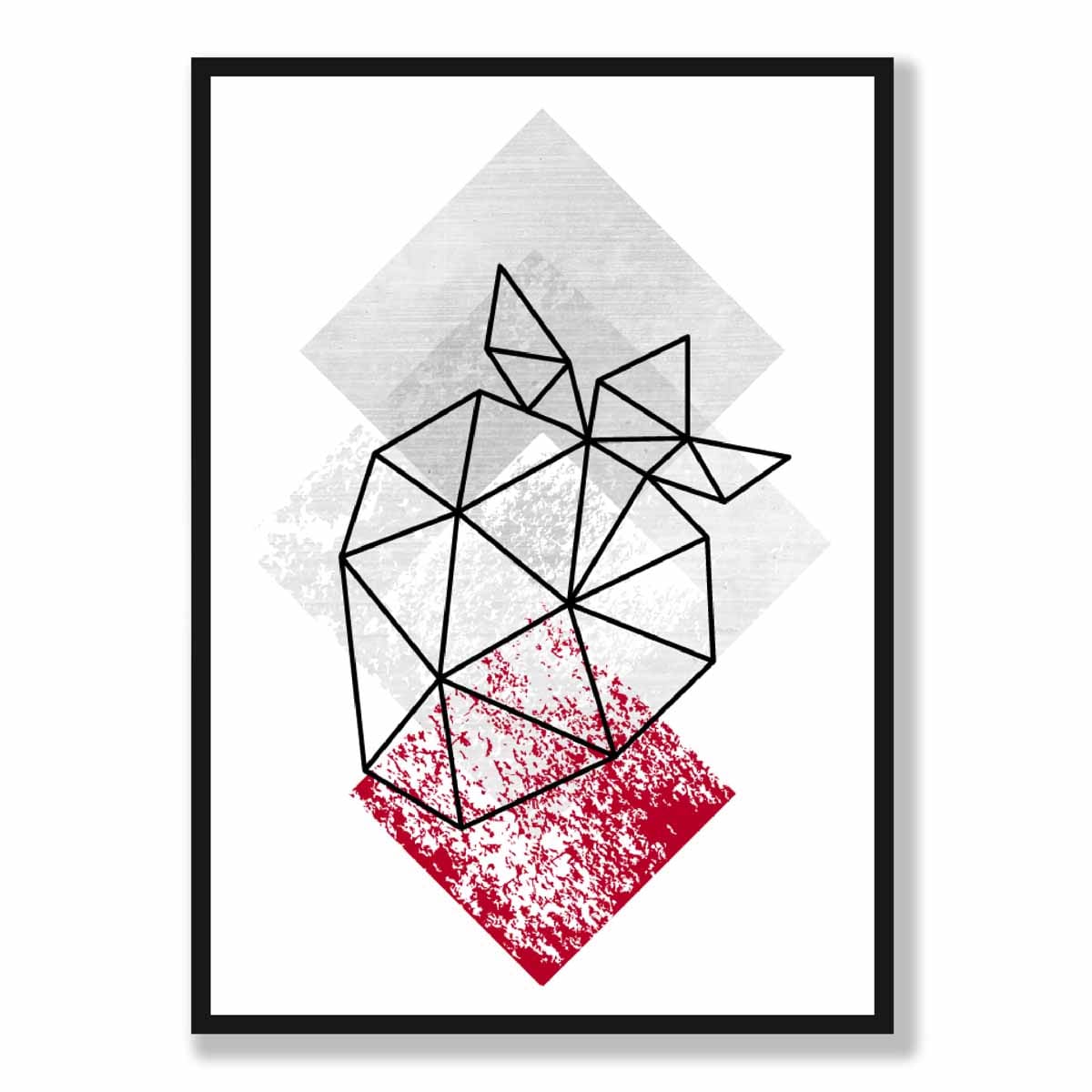 Geometric Fruit Line art Poster of Strawberry in Red & Grey
