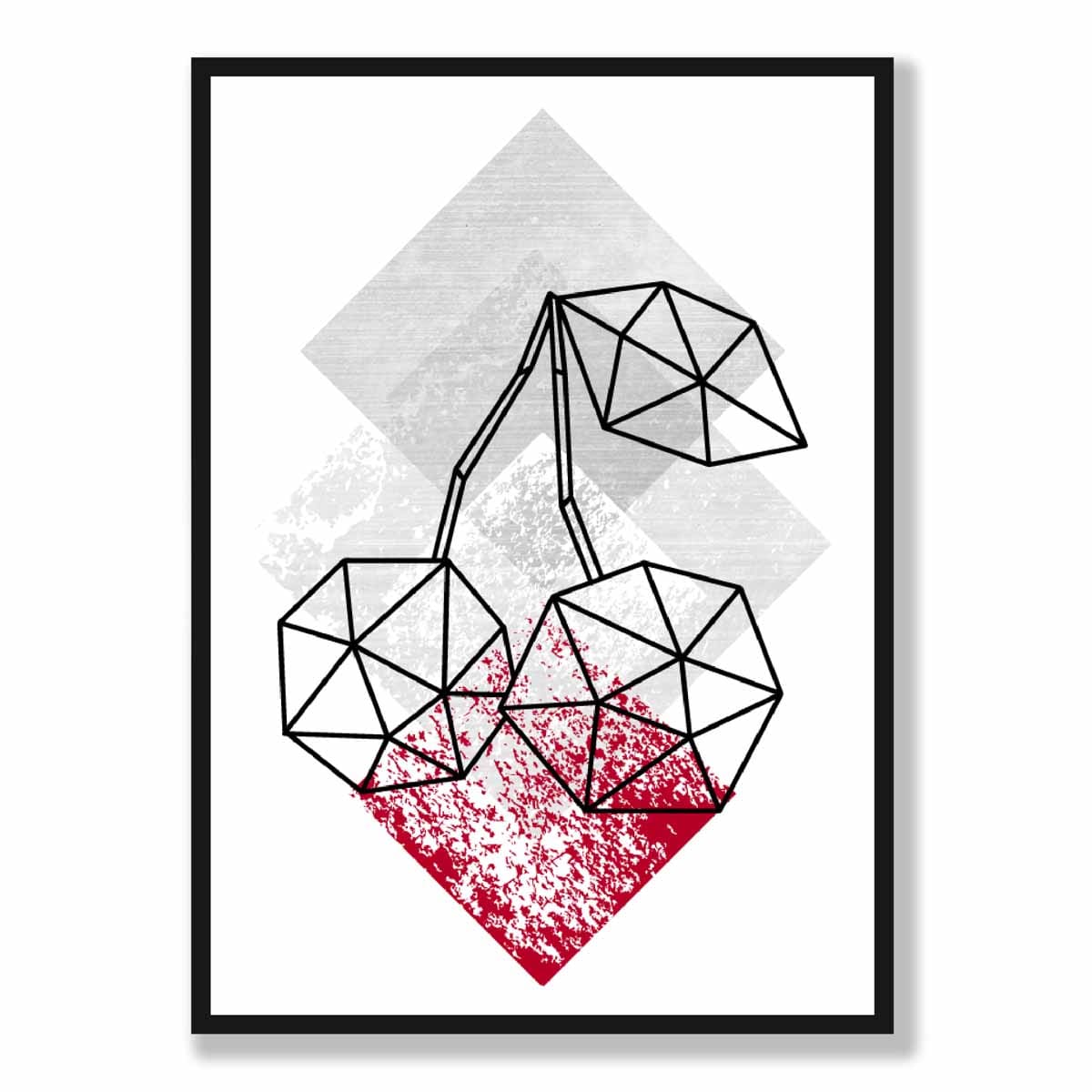 Geometric Fruit Line art Poster of Cherries Textured Red Grey