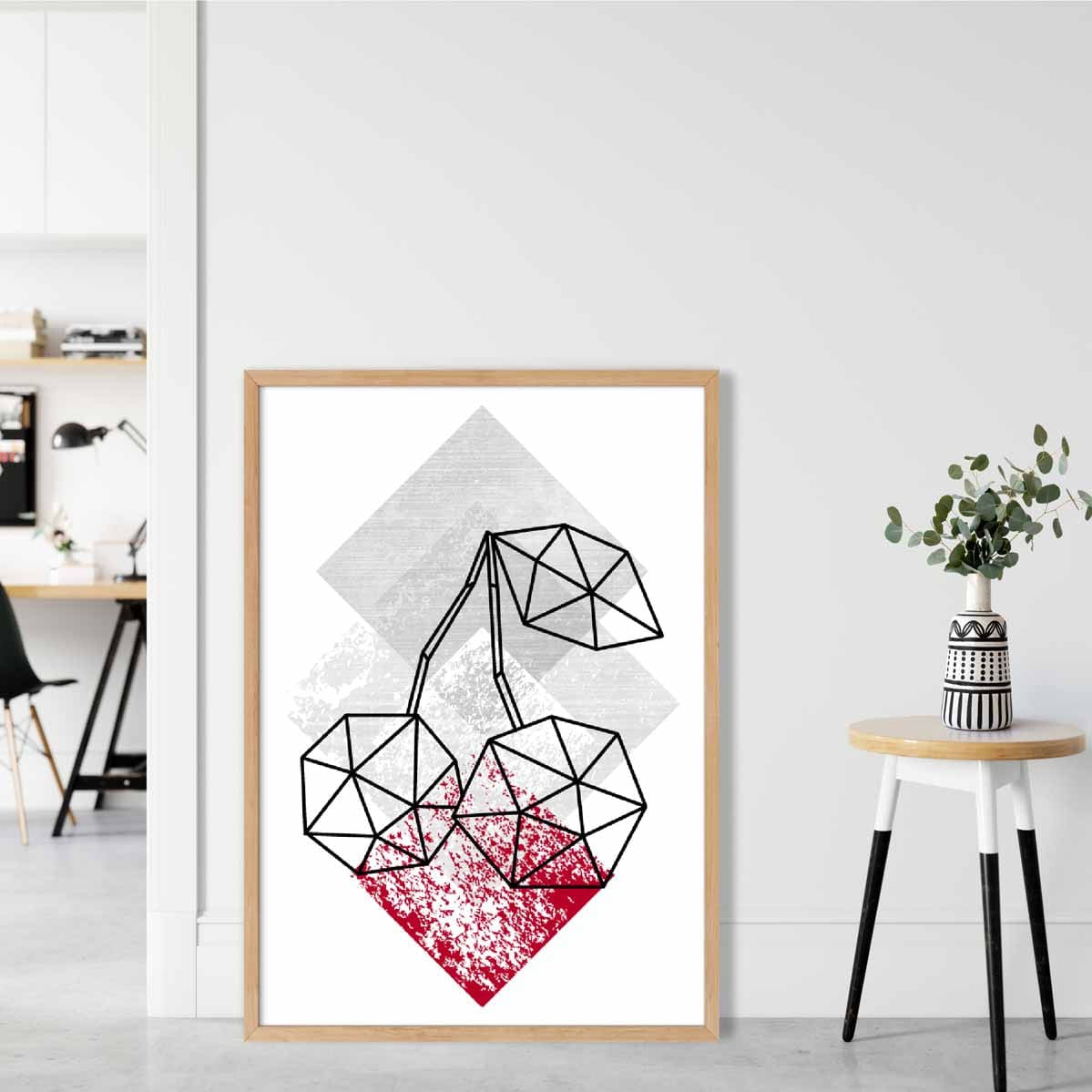 Geometric Fruit Line art Poster of Cherries Textured Red Grey