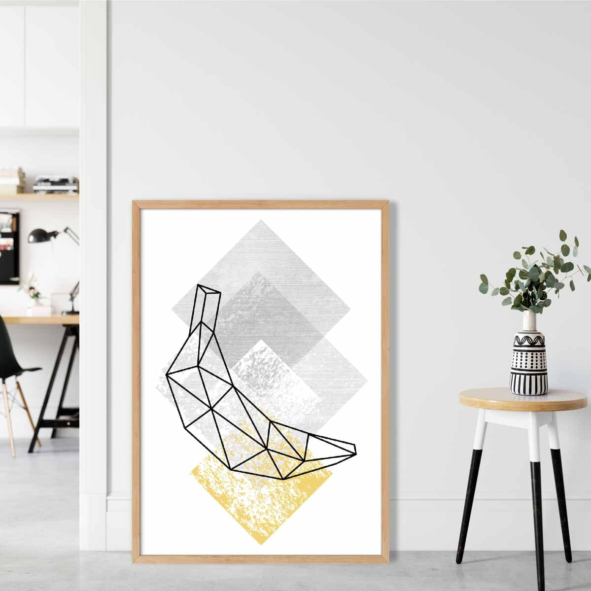 Geometric Fruit Line art Poster of Banana Textured Yellow Grey