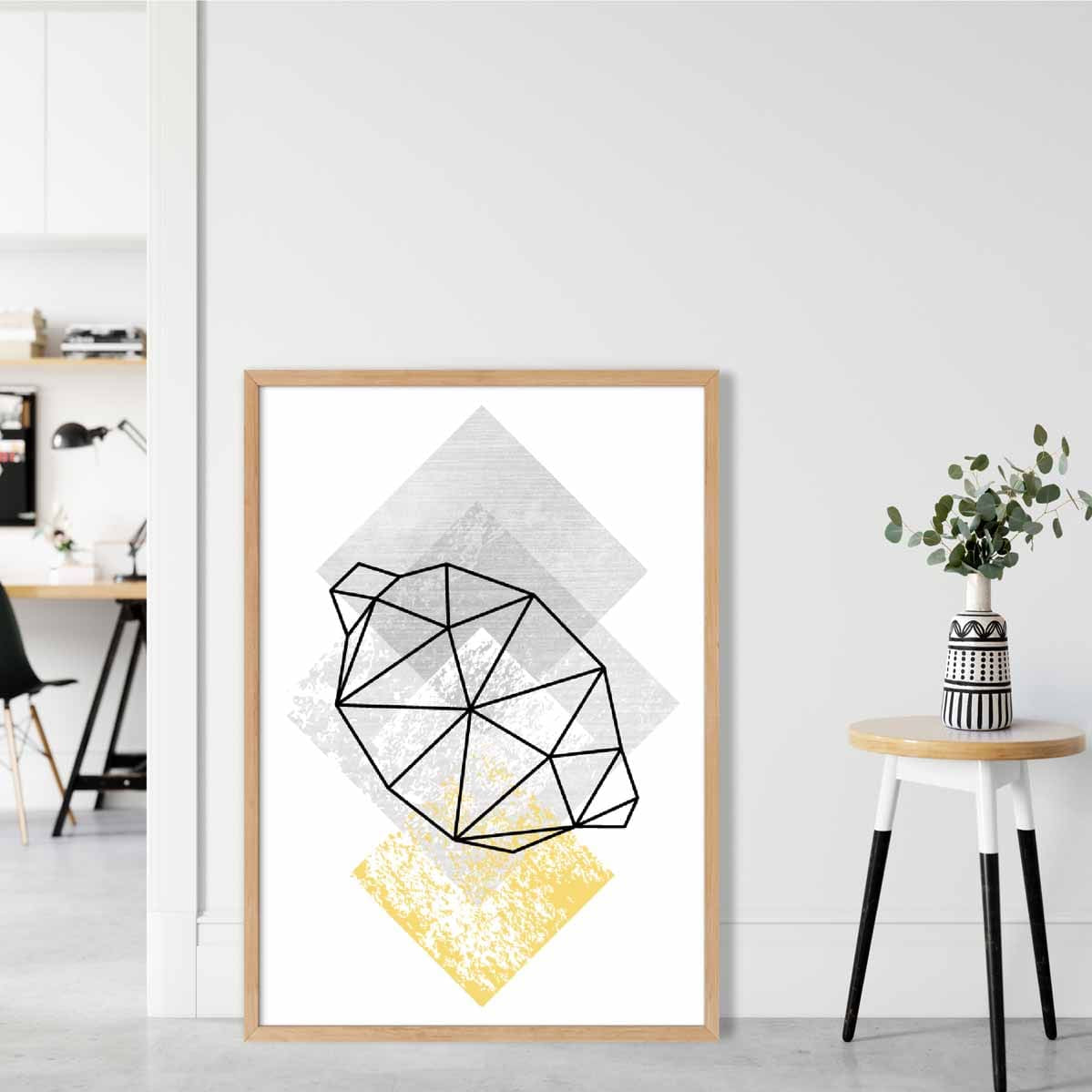 Geometric Fruit Line art Poster of Lemon Textured Yellow Grey